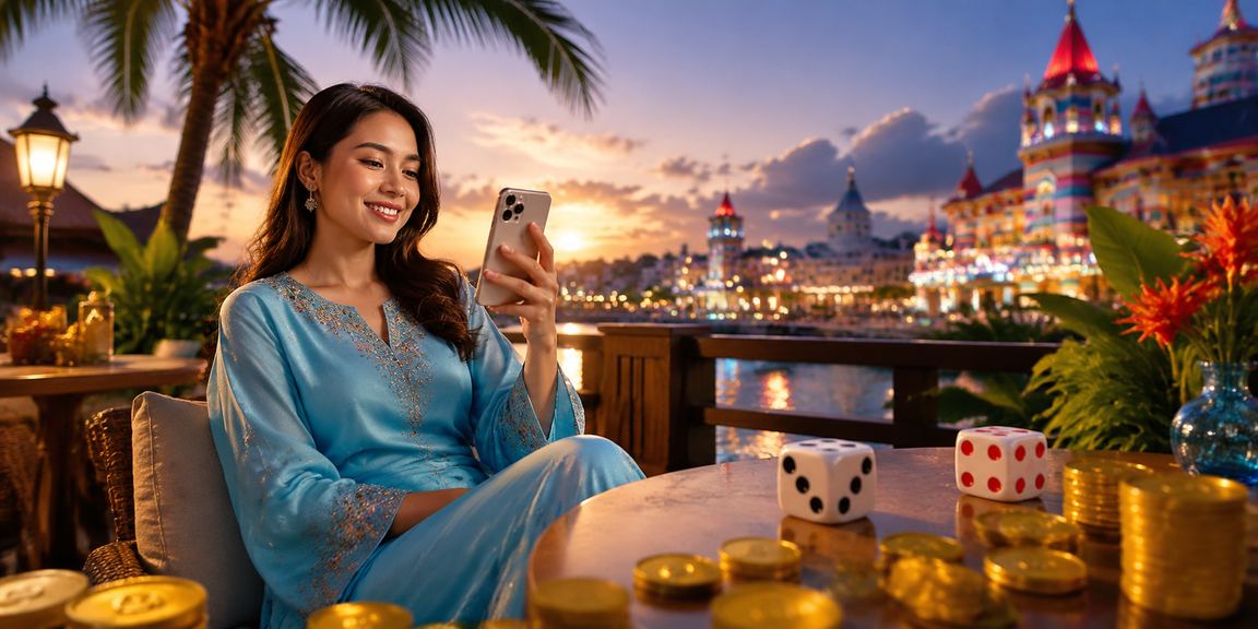 Pemain wanita berbaju kurung bermain permainan dadu dan kad di Malaysia